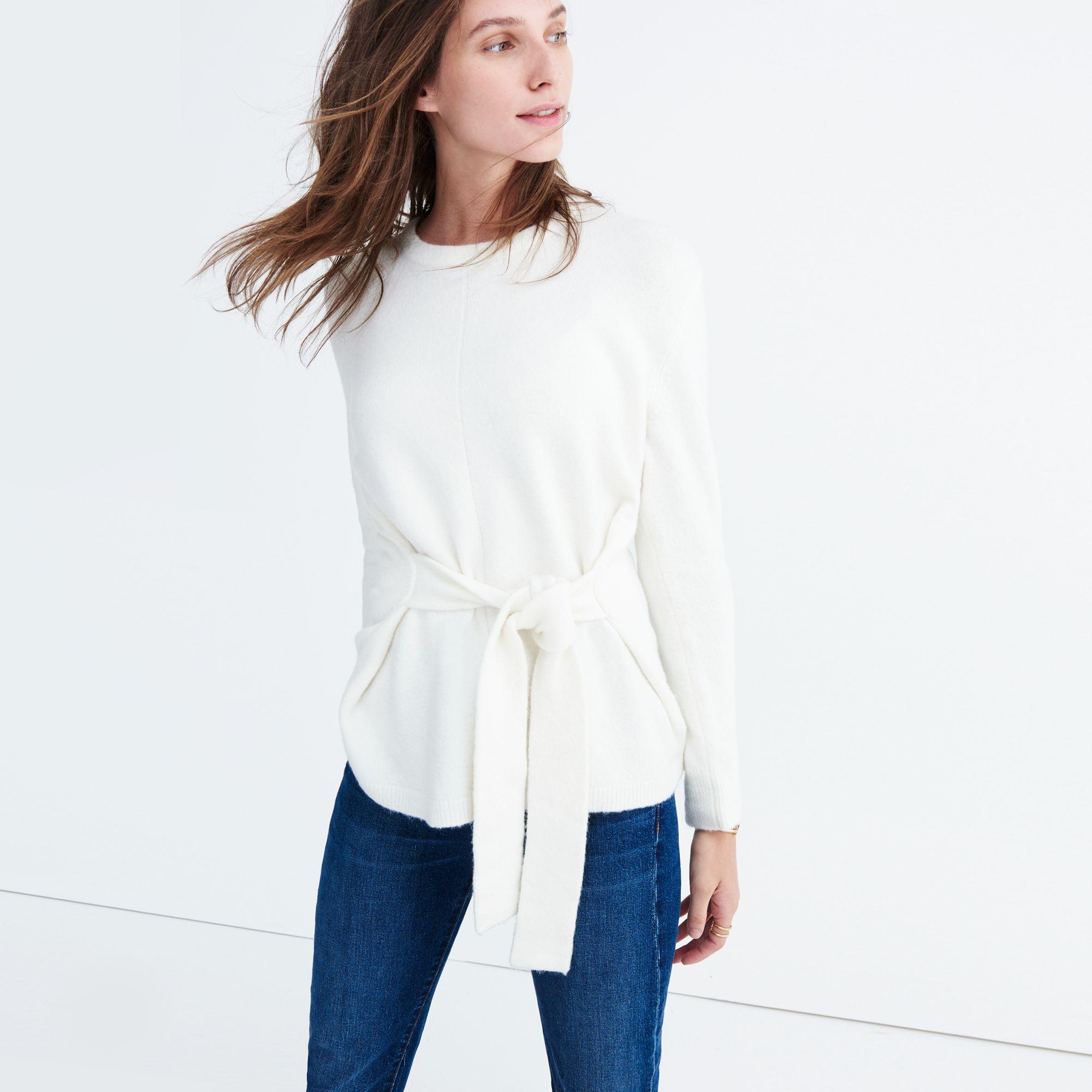 White wrap sweater outfits for women natural fibers